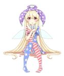  1girl american_flag_legwear american_flag_shirt blonde_hair blush cheunes clownpiece fairy_wings full_body hat highres jester_cap long_hair looking_at_viewer open_mouth pantyhose print_legwear short_sleeves simple_background sitting solo star striped tears touhou very_long_hair violet_eyes white_background wings 