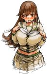  1girl alternate_breast_size blush breasts brown_eyes brown_hair cowboy_shot jewelry kantai_collection large_breasts long_hair midriff ooi_(kantai_collection) open_mouth remodel_(kantai_collection) ring sachito school_uniform simple_background skirt solo sweatdrop uniform wedding_band white_background 