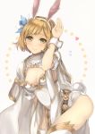  1girl animal_ears blonde_hair blush breasts bunny_pose bunny_tail cape circle closed_mouth detached_sleeves djeeta_(granblue_fantasy) earrings fake_animal_ears flower flying_sweatdrops granblue_fantasy hair_flower hair_ornament hairband highres jewelry leaning_forward leotard palms rabbit_ears riffey short_hair smile solo strapless strapless_leotard tail thigh-highs turtleneck white_background white_legwear wrist_cuffs yellow_eyes 