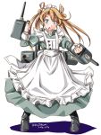  1girl abukuma_(kantai_collection) adapted_costume alternate_costume apron bangs blonde_hair blue_eyes brown_eyes cannon double_bun dress enmaided hair_between_eyes hair_rings kantai_collection long_hair machinery maid maid_apron maid_headdress open_mouth smile solo tatsumi_rei turret twintails 