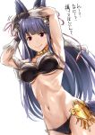  1girl animal_ears arms_up bell bikini breasts fang fang_out fox_ears fox_tail ganari_ryuu gloves granblue_fantasy hair_bell hair_ornament highres long_hair looking_at_viewer navel red_eyes sketch smile solo swimsuit tail translation_request yuel_(granblue_fantasy) 