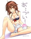  1girl alternate_hairstyle bare_shoulders black_panties bra breasts brown_hair hair_ornament hairband ikura_nagisa kantai_collection looking_at_viewer low_twintails midriff one_eye_closed open_mouth orange_eyes panties sailor_bikini shaved_ice shiratsuyu_(kantai_collection) short_hair shorts simple_background sitting smile solo sweat twintails twitter_username underwear white_background 