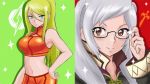  2girls bespectacled blonde_hair blue_eyes blush breasts brown_eyes commentary commentary_request eyelashes fire_emblem fire_emblem:_kakusei glasses green_background hand_on_hip large_breasts long_hair looking_at_viewer metroid midriff mole mole_under_mouth multiple_girls my_unit_(fire_emblem:_kakusei) navel ponytail popped_collar red_background samus_aran smile sparkle splatoon super_smash_bros. takobe twintails white_hair 