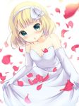  1girl :o amedamacon bare_shoulders blonde_hair blue_eyes blush dress elbow_gloves gloves gochuumon_wa_usagi_desu_ka? green_eyes hairband kirima_sharo looking_at_viewer petals short_hair skirt_hold solo wedding_dress white_dress white_gloves 