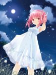  1girl arm_up armpits blush bow bow_panties breasts clouds dress from_below full_moon hair_ribbon hasegawa_urumi highres looking_at_viewer mascot minamoto moon night night_sky open_mouth original outdoors panties pink_eyes pink_hair ribbon see-through short_hair sky sleeveless solo star_(sky) starry_sky twintails underwear white_dress 