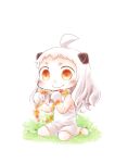  1girl ahoge c: chibi commentary_request dress flower highres hinata_yuu holding horns kantai_collection long_hair looking_at_viewer mittens northern_ocean_hime orange_eyes shinkaisei-kan sitting smile solo wariza white_dress white_hair white_skin 