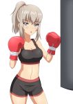  1girl bare_shoulders blue_eyes blush boxing boxing_gloves breasts brown_hair cleavage girls_und_panzer hiromon itsumi_erika long_hair looking_at_viewer navel open_mouth ponytail punching_bag shorts solo standing tank_top 