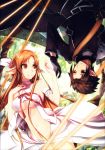  1boy 1girl beancurd black_eyes black_gloves black_hair breasts brown_eyes brown_hair eye_contact gloves highres kirito_(sao-alo) long_hair looking_at_another navel outdoors pointy_ears short_hair smile sword_art_online titania_(sao) tree under_boob 