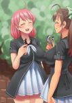  2girls ahoge blush bow breasts brown_hair closed_eyes doughnut eating food hair_bow kamiya_midori long_hair multiple_girls open_mouth original pink_hair pon_de_ring ponytail school_uniform smile zheng 