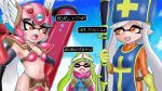  +_+ 3girls aori_(splatoon) armor artist_request bangs bikini_armor black_hair blunt_bangs cape commentary crossover domino_mask dragon_quest dragon_quest_iii eye_contact fang fighter_(dq3) fighter_(dq3)_(cosplay) flying_sweatdrops gloves green_hair gun hand_on_hip hat helmet hotaru_(splatoon) inkling long_hair looking_at_another mask multiple_girls navel open_mouth orange_eyes paint_roller pointy_ears priest_(dq3) priest_(dq3)_(cosplay) rifle roto roto_(cosplay) sharp_teeth sky small_breasts sniper_rifle soldier_(dq3) splatoon squidbeak_splatoon sweatdrop takobe teeth tentacle_hair translated weapon white_hair winged_helmet 