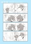  &gt;_&lt; /\/\/\ 1boy 2girls admiral_(kantai_collection) animal_ears blush bunny_tail closed_eyes comic commentary dated desk fang folded_ponytail hair_ornament hairclip ikazuchi_(kantai_collection) inazuma_(kantai_collection) indoors kantai_collection kemonomimi_mode monochrome multiple_girls nanodesu_(phrase) narita_rumi open_mouth pantyhose rabbit_ears school_uniform serafuku short_hair sitting sitting_on_person skirt spot_color squirrel_ears squirrel_tail tail translated twitter_username 