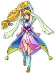  1girl :o arms_up asahina_mirai blonde_hair blue_eyes bow braid chiharu_(9654784) commentary_request cure_miracle full_body hair_ornament hat heart_hair_ornament highres long_hair looking_at_viewer magical_girl mahou_girls_precure! mini_hat mini_witch_hat pink_bow pink_hat pink_skirt precure sandals sapphire_style sash skirt solo toeless_legwear white_background witch_hat wrist_cuffs 