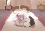  1girl barefoot bed bed_sheet black_cat book bow cat ellen_(majo_no_ie) lamp large_bow long_hair lying majo_no_ie mirror on_stomach pillow purple_hair red_bow solo sunlight table uru_chimai yellow_eyes 