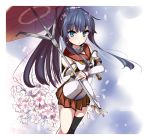  1girl akatsuki_(kantai_collection) alternate_costume alternate_hairstyle bare_shoulders black_hair black_legwear blue_eyes cherry_blossoms cosplay detached_sleeves flower hair_flower hair_ornament heavens_thunder_(byakuya-part2) kantai_collection long_hair looking_at_viewer miniskirt open_mouth oriental_umbrella pleated_skirt ponytail red_skirt single_thighhigh skirt solo thigh-highs umbrella yamato_(kantai_collection) yamato_(kantai_collection)_(cosplay) 