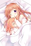  2girls ;) amedamacon brown_hair closed_eyes finger_to_mouth gochuumon_wa_usagi_desu_ka? hoto_cocoa hoto_mocha hug long_hair looking_at_viewer multiple_girls one_eye_closed orange_hair pillow shushing siblings sisters sleeping smile under_covers violet_eyes 