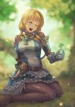  1girl :d ^_^ armor armored_dress bangs belt blonde_hair blurry blush bodysuit bokeh breasts closed_eyes clover depth_of_field dress fencer_(sekaiju) four-leaf_clover frills gauntlets gem gloves greaves hair_ornament hair_over_shoulder highres holding large_breasts light_particles lipstick long_hair low_twintails makeup no_shoes on_ground open_mouth rebe11 sekaiju_no_meikyuu sekaiju_no_meikyuu_5 signature sitting smile solo tree twintails wariza 