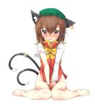  1girl animal_ears bandaid blush bottomless bow brown_eyes brown_hair cat_ears cat_tail chen covering covering_crotch crossed_bandaids fang hat jewelry long_sleeves mob_cap multiple_tails naked_sweater nekomata ootsuki_momiji open_mouth shirt single_earring sitting solo sweater tail tears torn_clothes torn_sleeves touhou two_tails vest wariza 