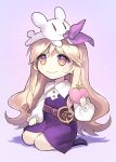  1girl ainy77 animal animal_on_head bangs belt blonde_hair boots closed_mouth dress food fruit full_body gradient gradient_background holding long_hair long_sleeves mouth_hold multicolored_eyes no_hat peach purple_background purple_dress rabbit seiza shadow sitting smile solo touhou watatsuki_no_toyohime 