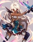  1girl armor armored_boots armored_dress bangs black_gloves black_legwear blue_dress boots breastplate breasts dark_skin dress eredhen gloves granblue_fantasy grey_background hair_between_eyes holding holding_sword holding_weapon legs_apart long_hair looking_at_viewer open_mouth red_eyes shield short_dress silver_hair solo sword the_order_grande thigh-highs weapon white_hair 