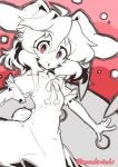  1girl :o \||/ bunny_tail commentary_request dress inaba_tewi looking_at_viewer messy_hair monochrome mutsuki_riichi outstretched_arms pink_background red_eyes short_hair solo spot_color tail teeth touhou wavy_hair 