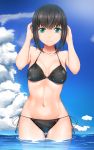  1girl aqua_eyes bikini black_hair blue_sky breasts chiyo_goya clouds collarbone commentary fubuki_(kantai_collection) highres kantai_collection low_ponytail navel ocean short_hair sky smile solo stomach swimsuit wading water wet 