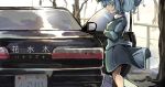  1girl blue_hair blue_jacket blue_skirt breasts car commentary_request day flanvia from_side hair_over_eyes hat highres jacket kawashiro_nitori legs license_plate long_sleeves motor_vehicle open_door outdoors park short_hair sidewalk skirt smile solo sunlight touhou tree two_side_up vehicle 