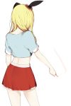  1girl animal_ears arched_back bare_legs blonde_hair blue_shirt copyright_request cowboy_shot crayon crop_top drawing from_behind hair_ornament hair_over_shoulder hair_scrunchie holding long_hair lp_(hamasa00) midriff rabbit_ears red_skirt scrunchie shirt simple_background skirt solo standing thighs white_background 