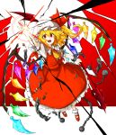  1girl ascot ball_and_chain_restraint blonde_hair bow broken broken_chain chain collar crazy_eyes energy fangs flandre_scarlet frilled_collar frilled_skirt frills full_body hand_up hat hat_bow highres kan_(aaaaari35) laevatein mob_cap open_mouth red_background red_shoes red_skirt red_vest shattering shiny shiny_hair shoes short_hair side_ponytail skirt skirt_set smile solo teeth tongue touhou two-tone_background white_background white_legwear wings 