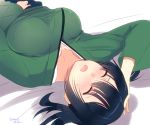  1girl black_hair blush breasts closed_eyes commentary_request hand_on_own_head japanese_clothes kantai_collection large_breasts long_sleeves lying matsukawa_(pale_scarlet) nose_blush on_back on_bed open_mouth short_hair solo souryuu_(kantai_collection) sweat twintails twitter_username two_side_up 