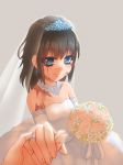  1girl bare_shoulders black_hair blue_eyes bouquet breakroom_chaos bridal_veil bride burn_scar diadem dorei_to_no_seikatsu_~teaching_feeling~ dress earrings elbow_gloves eyelashes flower gloves grey_background happy holding_hands jewelry long_hair necklace ring scar simple_background smile solo_focus sylvie_(dorei_to_no_seikatsu) veil wedding_band wedding_dress white_dress white_gloves 