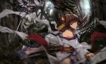  2girls bare_shoulders black_hair blue_eyes brown_hair fighting forest hair_ornament japanese_clothes long_hair looking_to_the_side motion_blur multiple_girls nature obi plant red_eyes sash sheath tree white_crow 