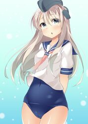  1girl alternate_costume blonde_hair blush green_eyes hat kankitsunabe_(citrus) kantai_collection long_hair school_swimsuit school_uniform serafuku solo swimsuit swimsuit_under_clothes u-511_(kantai_collection) 