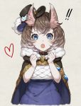  !! 1girl animal_ears beige_background blue_eyes blush brown_hair cape collar fang hat heart highres looking_at_viewer open_mouth original simple_background solo youcapriccio 