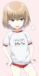  1girl blonde_hair blue_eyes blush buruma cowboy_shot double_vertical_stripe fang gedou_(ge_ge_gedou) girls_und_panzer gym_shirt gym_uniform hands_on_hips katyusha name_tag pink_background shirt short_hair sigh sketch solo standing t-shirt 