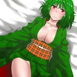  1girl alternate_costume blush breasts cleavage collarbone commentary_request floral_print green_hair japanese_clothes kazami_yuuka kurirou large_breasts long_sleeves looking_at_viewer lying obi on_back on_bed red_eyes sash short_hair solo sweat tareme touhou 
