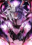  1girl blue_eyes dark_skin duel_monster heterochromia kanaria_(fuusenkazura) looking_at_viewer midriff multicolored_hair outstretched_arms purple_hair red_eyes silver_hair solo third_eye two-tone_hair wings yellow_eyes yubel yuu-gi-ou 