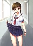  1girl aoi_rando blush braid brown_hair commentary_request long_hair looking_at_viewer low_twintails open_mouth original red_eyes school_uniform serafuku skirt skirt_lift solo twin_braids twintails watch 
