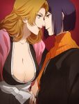  1boy 1girl ayasegawa_yumichika bleach blue_eyes breasts cleavage japanese_clothes large_breasts matsumoto_rangiku nuku orange_hair 