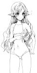 1girl adjusting_clothes adjusting_panties ass_visible_through_thighs blush bra collarbone ear_blush elf endou_okito groin long_hair looking_to_the_side monochrome navel panties pointy_ears solo underwear wavy_hair wavy_mouth 