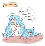  2girls aqua_(fire_emblem_if) aqua_hair blanket blush closed_eyes confused dashingicecream english fire_emblem fire_emblem_if flying_sweatdrops long_hair lowres messy_hair multiple_girls my_unit_(fire_emblem_if) off_shoulder pillow smile solid_circle_eyes sweat very_long_hair 