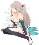  1girl bangs bare_shoulders black_legwear blue_eyes blunt_bangs breasts choker cleavage collarbone commentary_request detached_sleeves floral_background grey_hair hair_ornament large_breasts long_hair looking_at_viewer multicolored_legwear navel original sitting smile solo sts thigh-highs twintails two_side_up white_legwear yokozuwari 