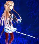  1girl asuna_(sao) brown_eyes brown_hair from_behind gloves long_hair mizuna_mizuna solo sword sword_art_online weapon 