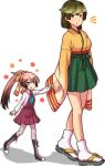  2girls blue_eyes brown_eyes brown_hair height_difference hiryuu_(kantai_collection) holding_finger iwana japanese_clothes kantai_collection kazagumo_(kantai_collection) long_hair multiple_girls open_mouth ponytail school_uniform skirt younger 