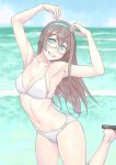 1girl :d and aqua_eyes armpits arms_up bare_shoulders beach bikini breasts brown_hair collarbone hairband kantai_collection leg_up long_hair navel ooyodo_(kantai_collection) open_mouth outdoors sandals smile solo swimsuit water white_bikini 