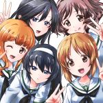  5girls :p akiyama_yukari black_eyes black_hair brown_eyes brown_hair girls_und_panzer hairband highres isuzu_hana long_hair looking_at_viewer multiple_girls neckerchief nishizumi_miho one_eye_closed open_mouth orange_eyes orange_hair portrait pose reizei_mako sau_(bluepoper) school_uniform serafuku short_hair smile takebe_saori tongue tongue_out v white_background white_blouse 