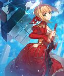  1girl arched_back ass blonde_hair braid butt_crack clouds epaulettes fate/extella fate/extra fate_(series) green_eyes looking_at_viewer looking_back puffy_sleeves saber_extra sky smile solo tyokoa4649 wide_sleeves 