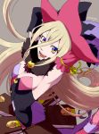  1girl :d armpits blonde_hair blue_eyes book cowboy_shot feather_boa gloves grey_background hat long_hair looking_at_viewer magilou_(tales) multicolored_eyes open_mouth signature skirt smile solo tales_of_(series) tales_of_berseria tasasakiamagu witch_hat yellow_eyes 