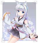  1girl animal_ears blue_eyes bow detached_sleeves flower fox_ears hair_bow japanese_clothes leaf long_hair looking_at_viewer maple_leaf omamori open_mouth original outstretched_arm ponytail simple_background solo white_hair wide_sleeves zoirun 