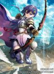  1girl armor arrow bell bird boots bow_(weapon) cape company_name feathers fire_emblem fire_emblem_cipher gloves kawasumi_mahiro official_art purple_hair solo violet_eyes weapon yuzu_(fire_emblem) 