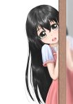  1girl black_hair blurry blush bow brown_eyes child dress hair_between_eyes highres long_hair looking_at_viewer open_mouth original parsue peeking_out pink_bow pink_dress solo 